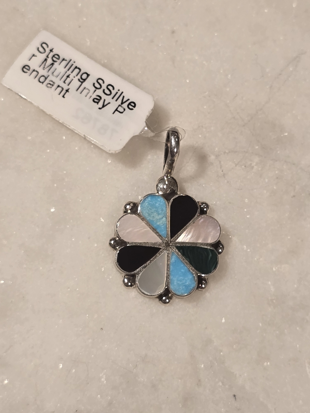 Sterling Silver Zuni Multi-Color Inlay Flower Pendant